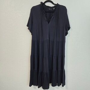 Tahari Navy Blue Tiered Ruffle‎ Neck Lace Up Dress Plus Size 2X